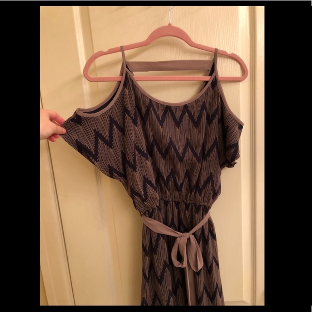 Navy and tan cold shoulder dress
